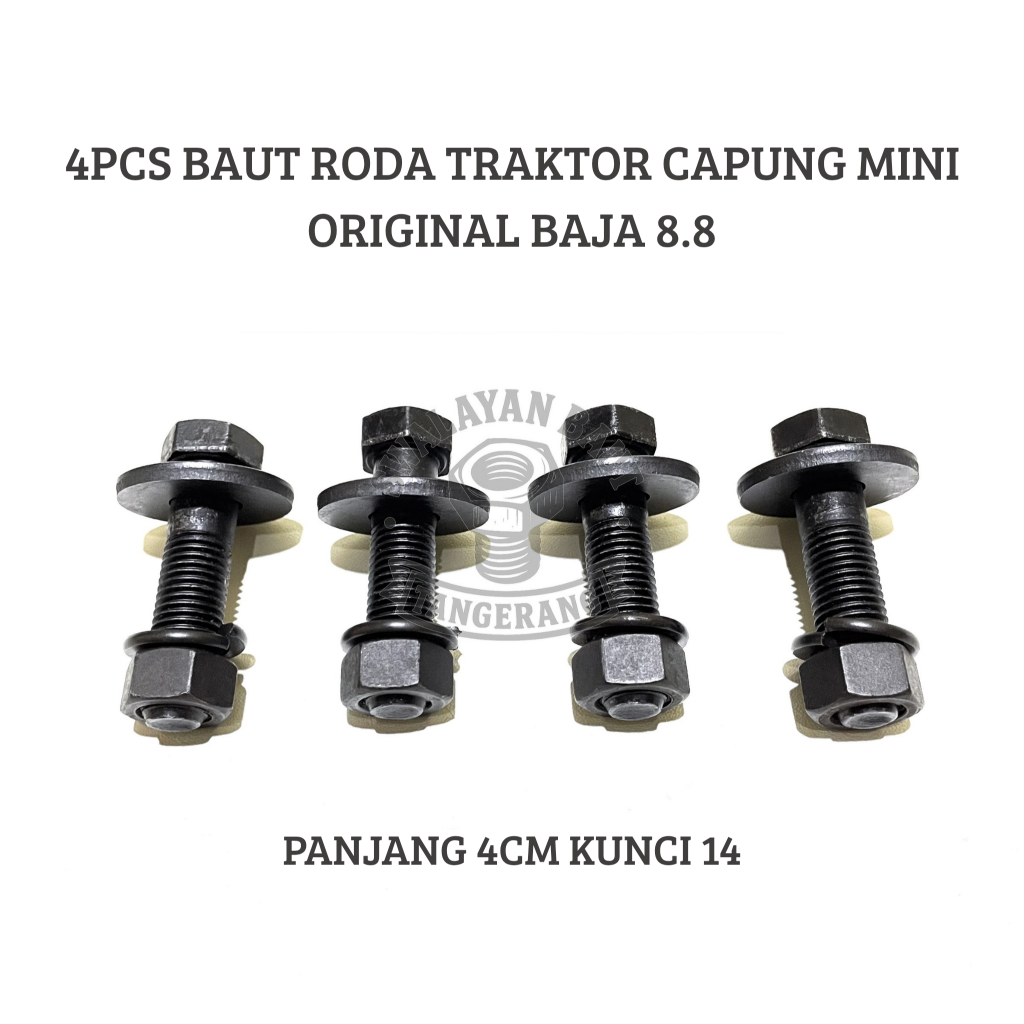 Baut roda traktor capung mini baja grade 8.8 kunci 14 paket 4set (4 baut & mur,  4 ring plat, 4 ring