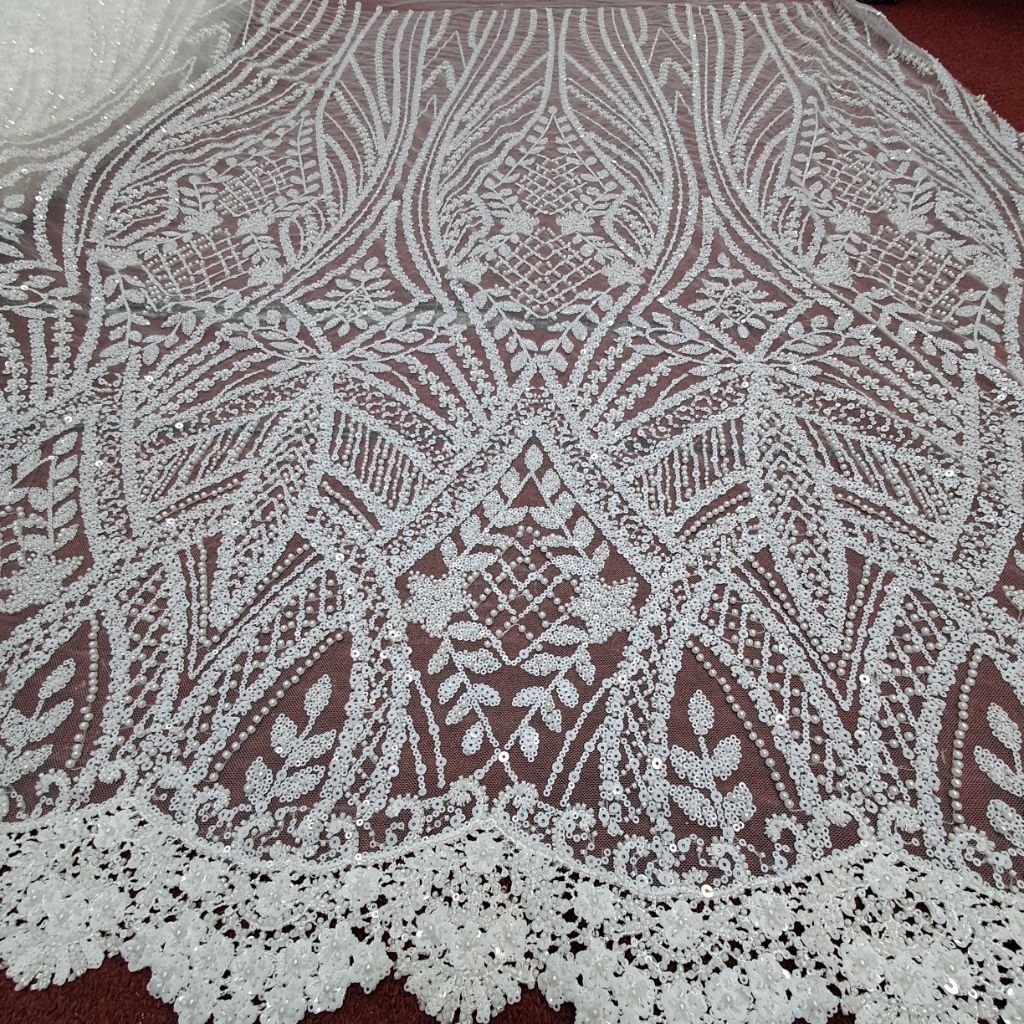 Kain Tile Full Bordir Payet Mutiara Soroskin 3D Warna Putih Bw / Bahan Kain Tile Bordir Payet Mewah