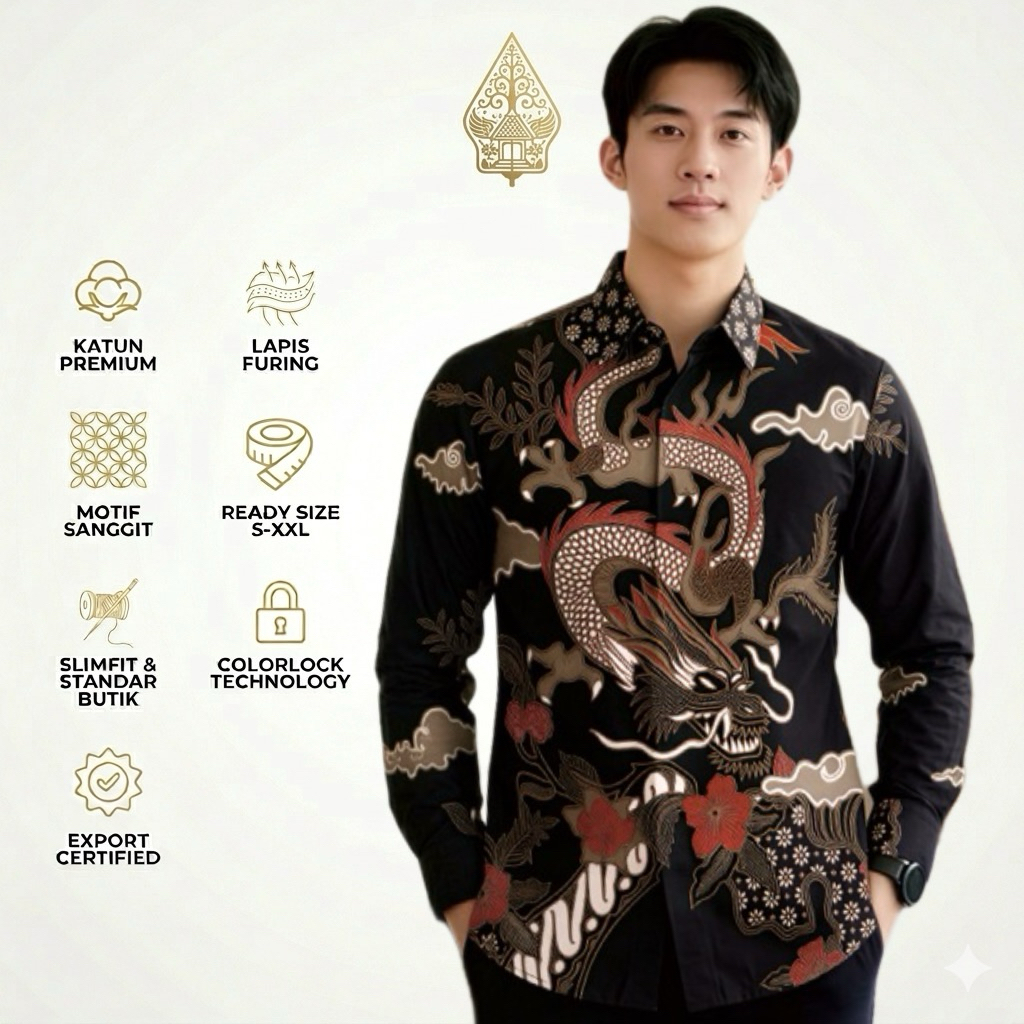 Kemeja Batik Pria Motif Naga Lengan Panjang Slimfit