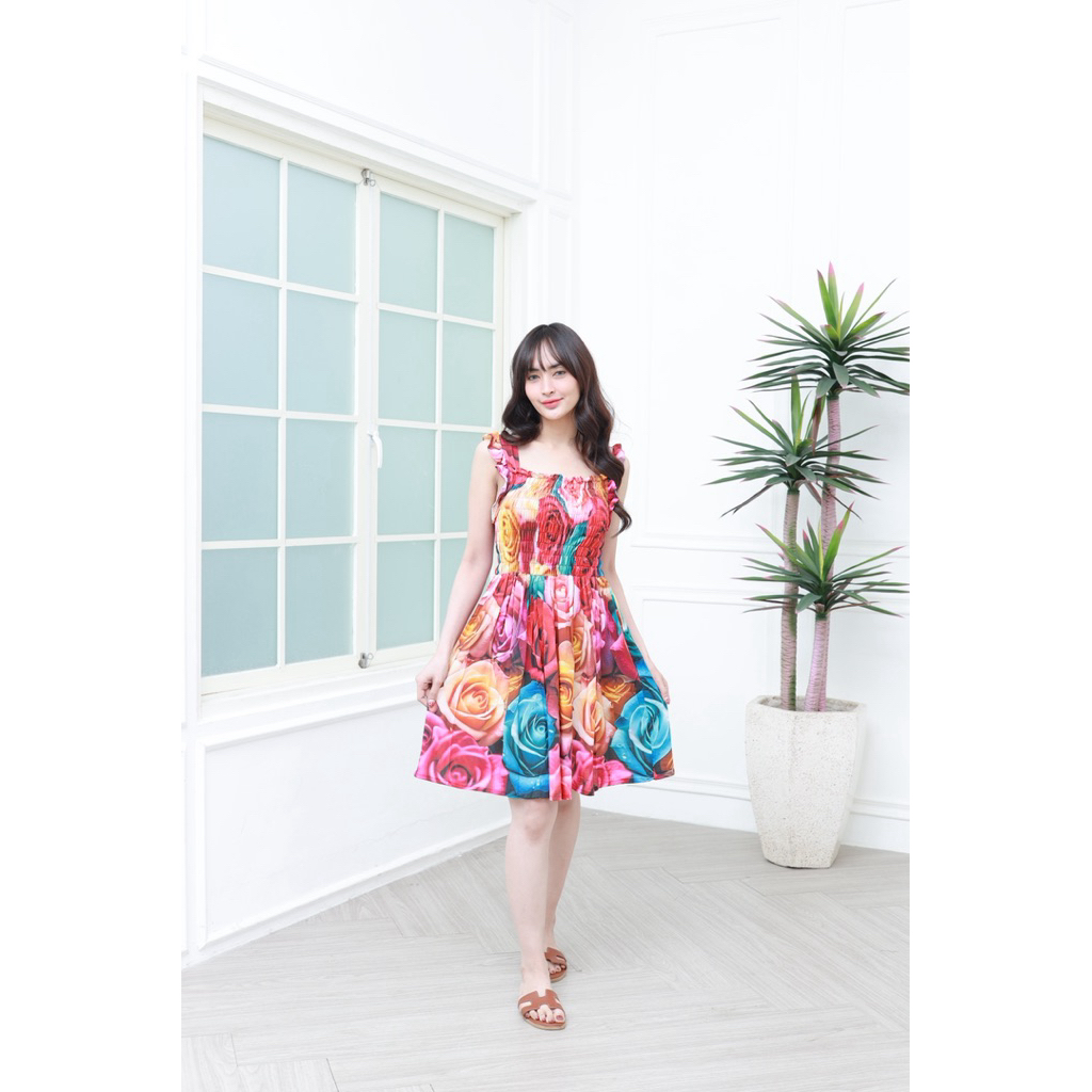 Dress Wanita Midi Dress Smocked Dress Pantai Daster Wanita Rayon Premium Adem Dress Pantai Smocked B