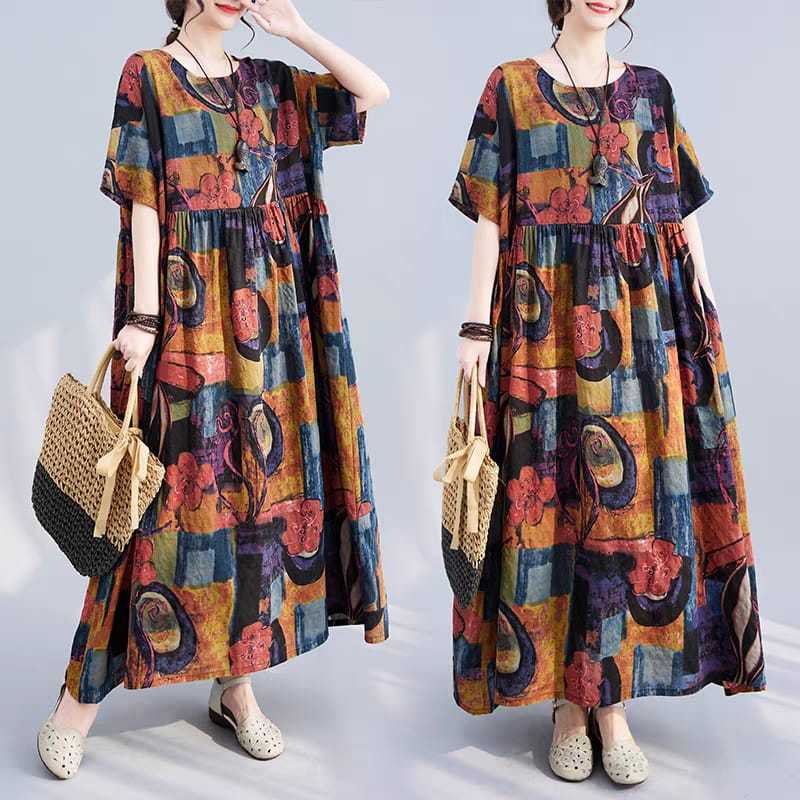 LC513 Premium Oversized Dress Tipis Motif Etnik Abstrak Terbaru