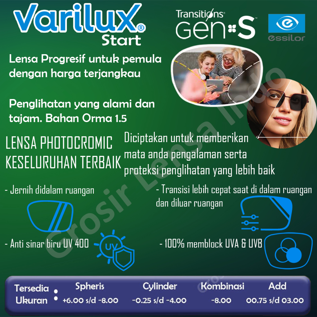 Lensa kacamata Essilor Progresif Varilux Start Orma Transition Gen S GREY Garansi Resmi 2th