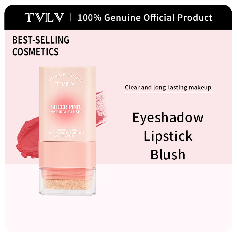 TVLV 3-in-1 blush stick, tekstur mousse, halus dan mudahdibaurkan, serbaguna, dapat digunakan pada mata, bibir,dan pipi, menempel sempurna pada kulit, 6 pilihan warna, 15g.