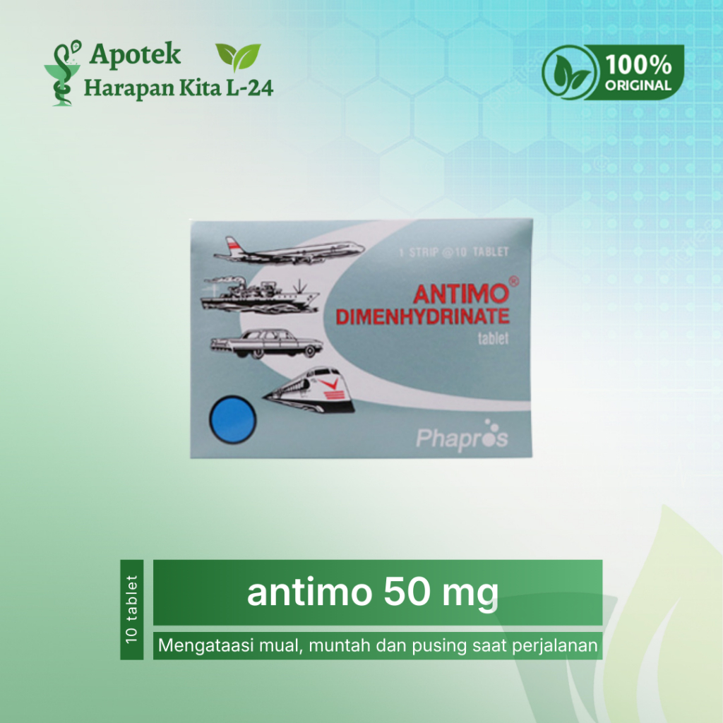Antimo 50 mg 10 Tablet Mengatasi Mabuk Perjalanan Dimenhydrinate Dewasa Anak - apotek harapan kita