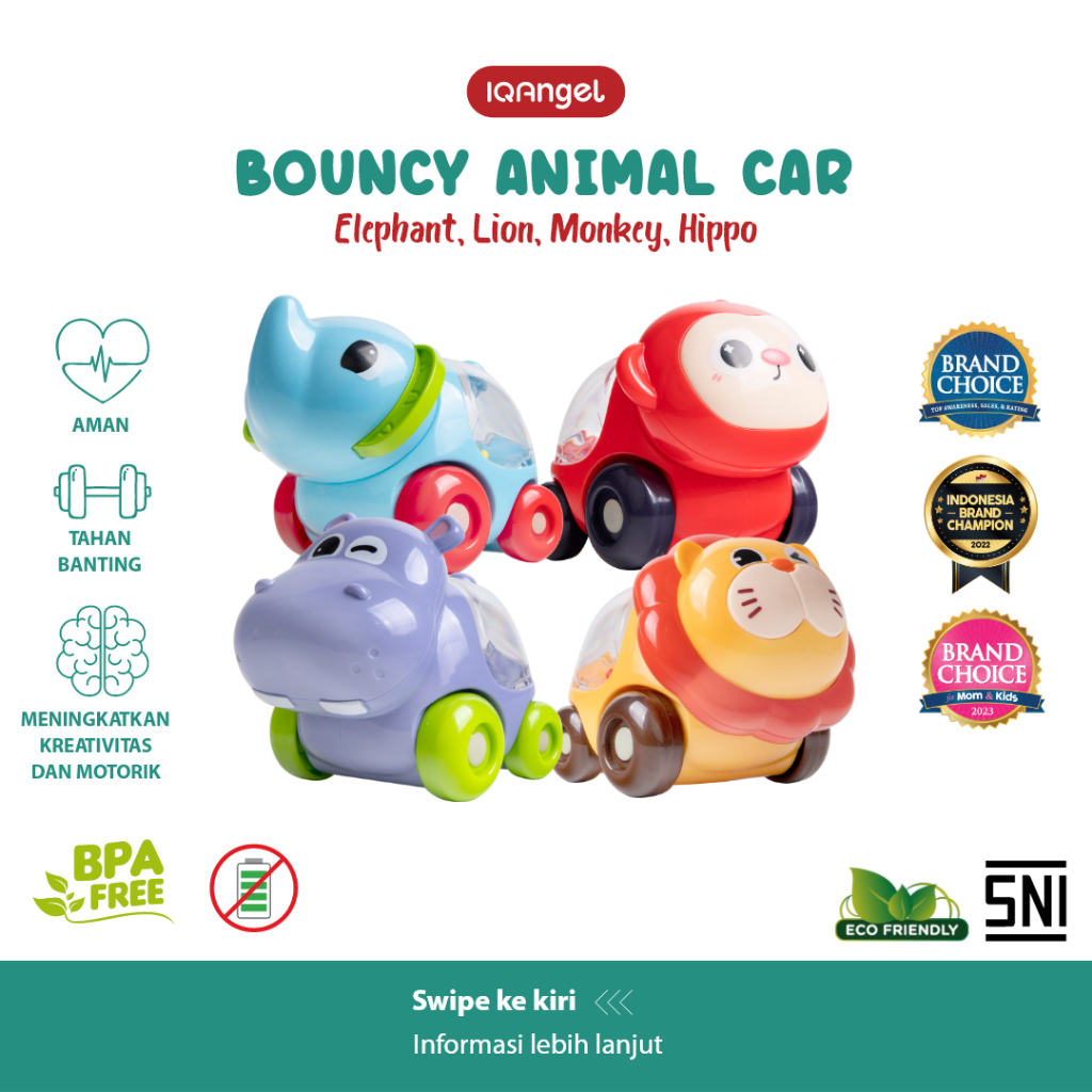Bouncy Animal Car Hippo Elephant Lion Monkey Mainan Mobil Edukasi Karakter Kudanil Gajah Singa Monye