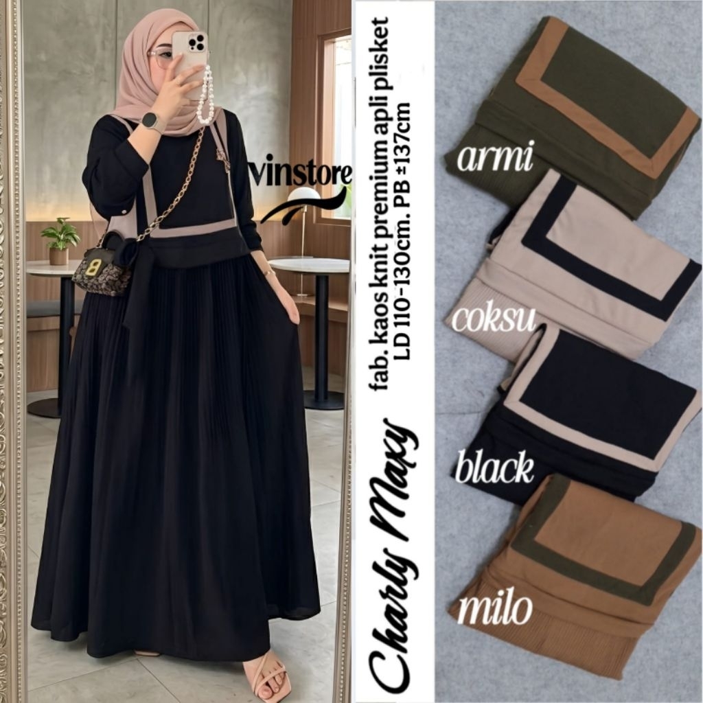 CHARLY MAXY//DRESS APLIKASI PLISKET//BAHAN ADEM//KAOS KNIT//TALI SAMPING//MODEL TERBARU//KEKINIAN BE