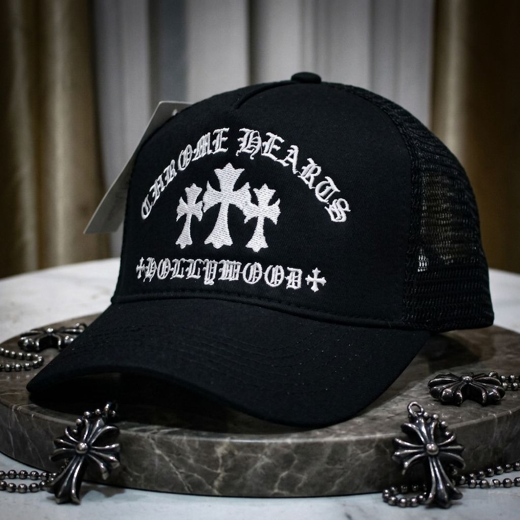 Chrome Hearts CH Hollywood Trucker Hat Black.