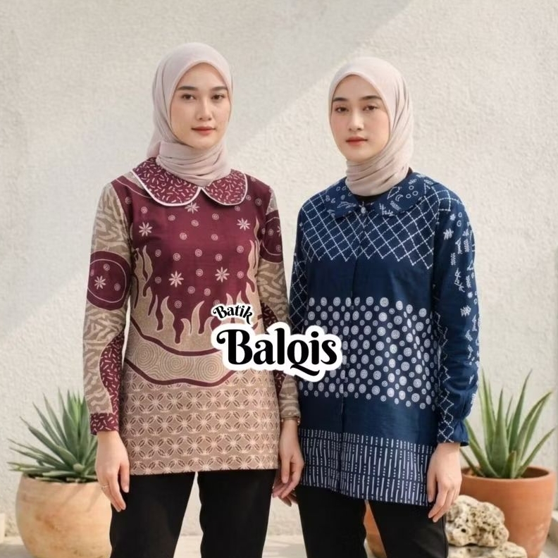 Batik Balqis Atasan Baju Batik Wanita Lengan Panjang Kerah Daun Blouse Batik Kerja Wanita Kerja Kant