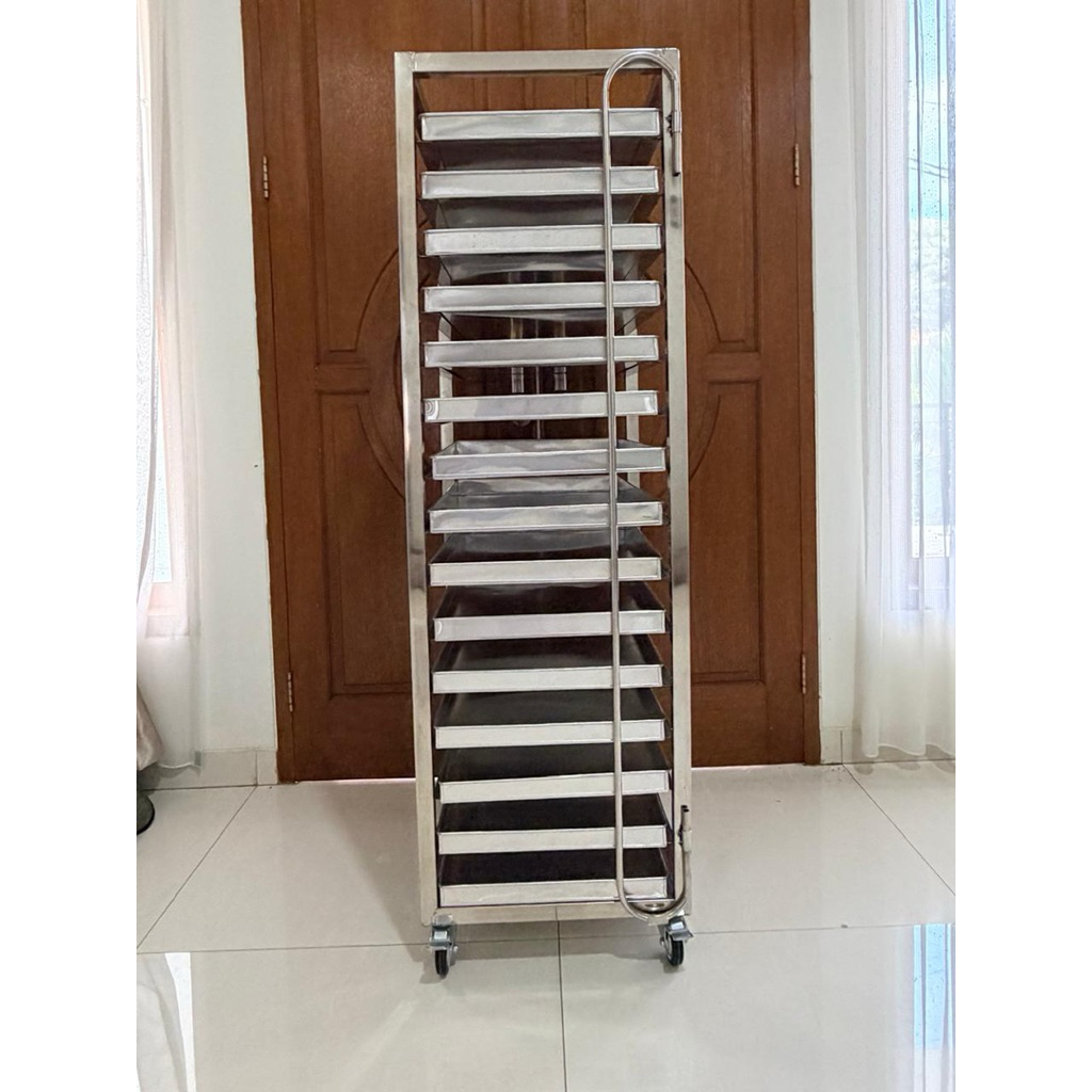Troly Rak Roti 15 susun bahan stainless tahan panas
