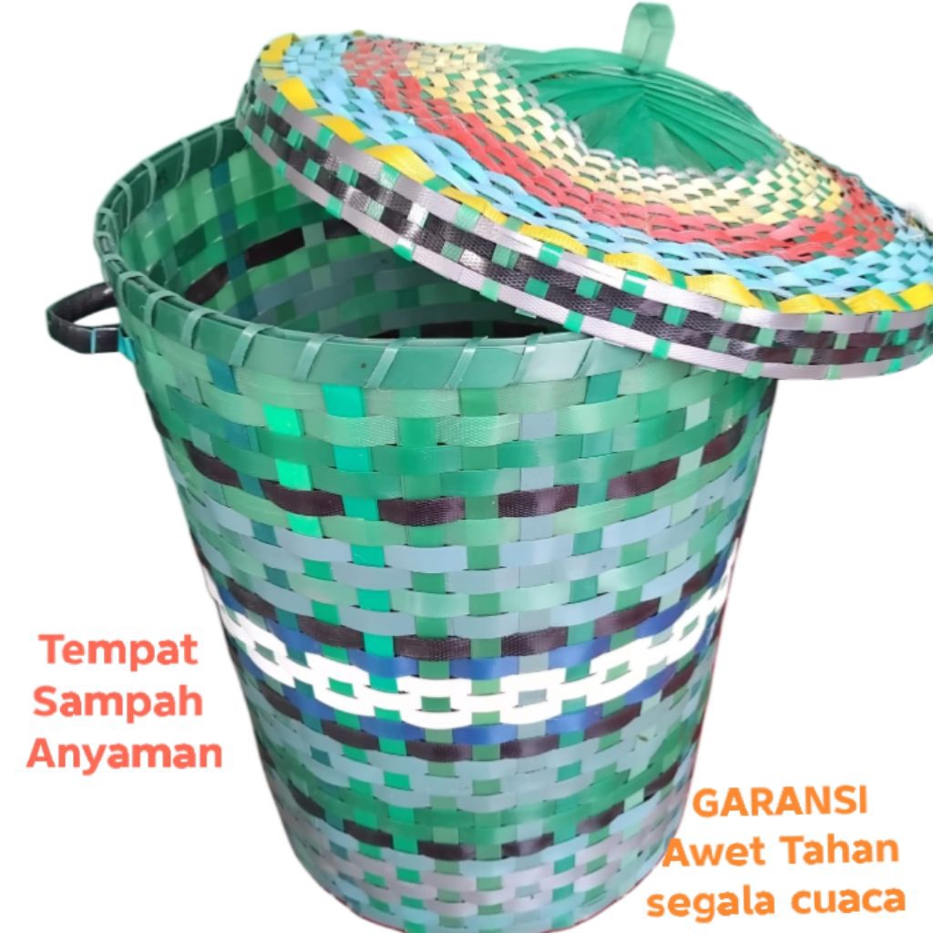 PLUS TUTUP Keranjang Anyaman Plastik Serbaguna /Tempat Sampah/ Wadah baju kotor, Plus Tutup - Ukuran