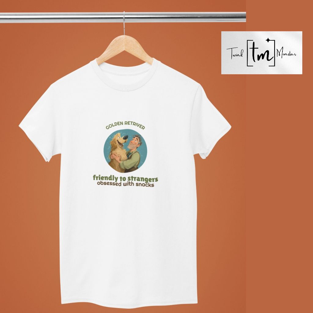 T-shirt lucu tema anjing golden, golden retriever friendly to stranger obsessed with snack, bahan Ka