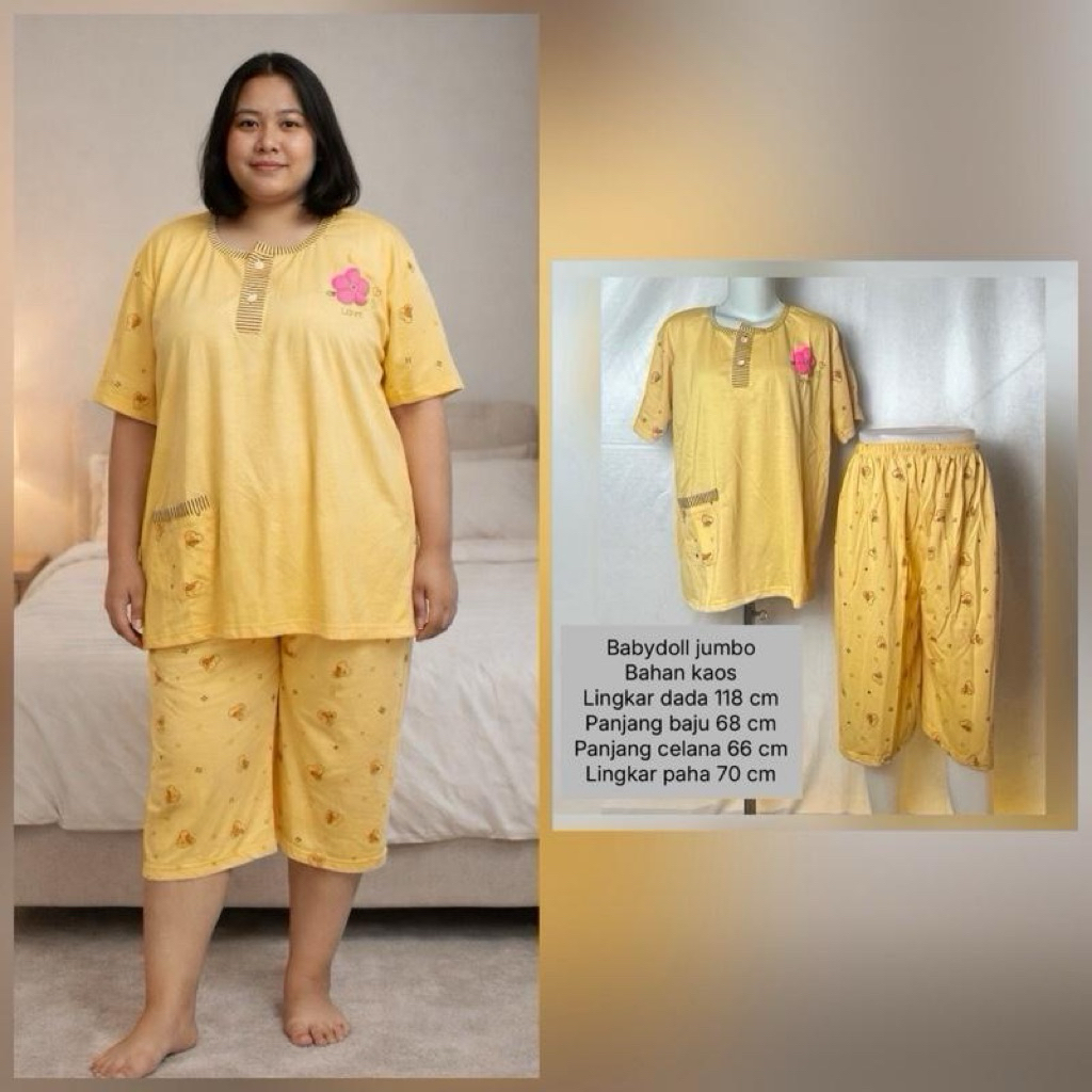 Babydoll wanita dewasa jumbo LD 118 cm /bahan kaos premium / Baju tidur celana 3/4 lengan pendek cel