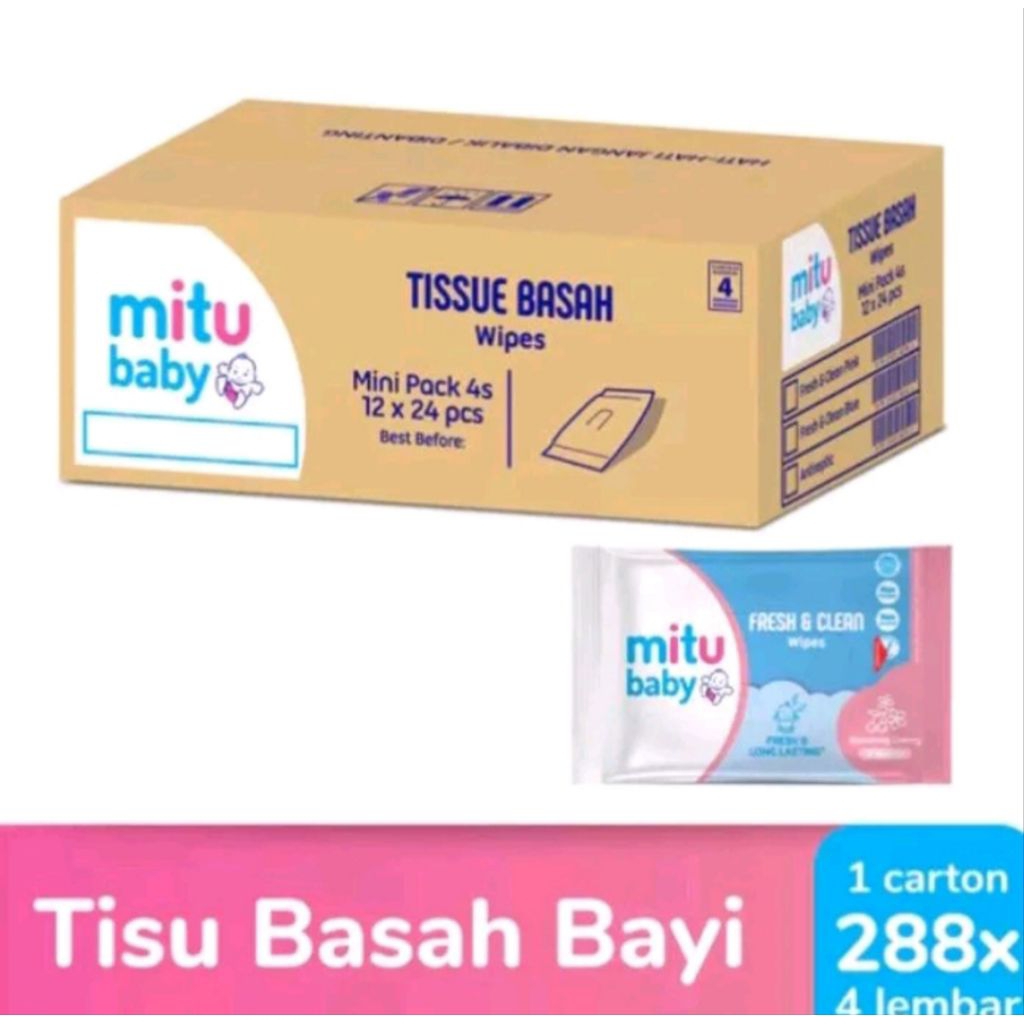(1 DUS) MITU Wipes Minipack 4's Tissue Basah Bayi (1 Dus isi 24Renceng/288Sachet)
