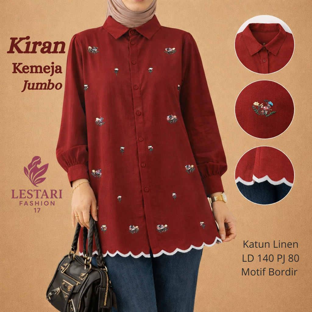 Kiran Kemeja Tunik Lestari Fashion. Baju Atasan Kemeja Jumbo Wanita Katun Linen Motif Bordir Bunga L