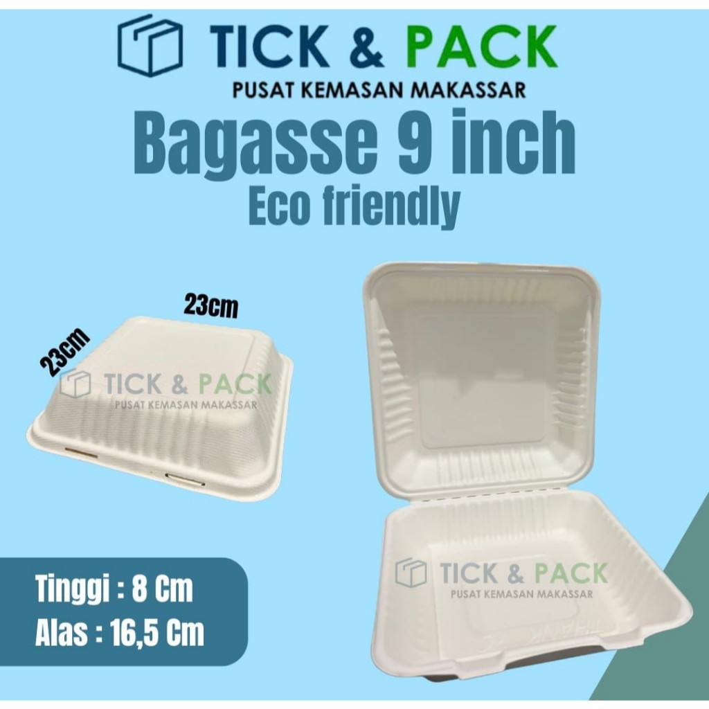 [ Pcs ] Bagasse 9 Inch Kotak Makanan Box Makanan Eco Friendly Kemasan Dus Packaging
