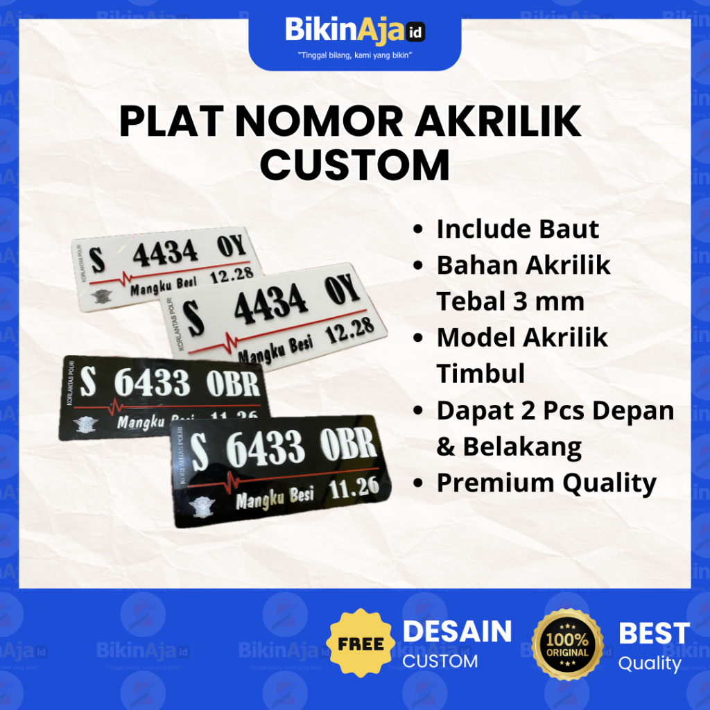 Plat Nomor Motor Variasi Akrilik Custom / Plat Nomor Motor Timbul / Free Nama / Free Baut