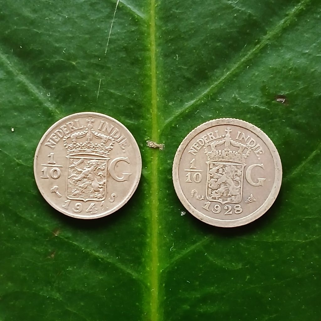 Koleksi 2 Biji Koin Perak Kuno Nederland Indie 1/10 Gulden
