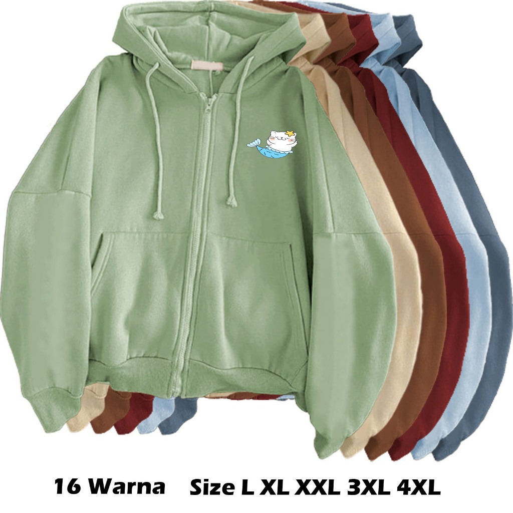 Jaket cewek dewasa korea style kartun Mermaid size s m l xl xxl 3xl 4xl hoodie sleting bahan Fleece 