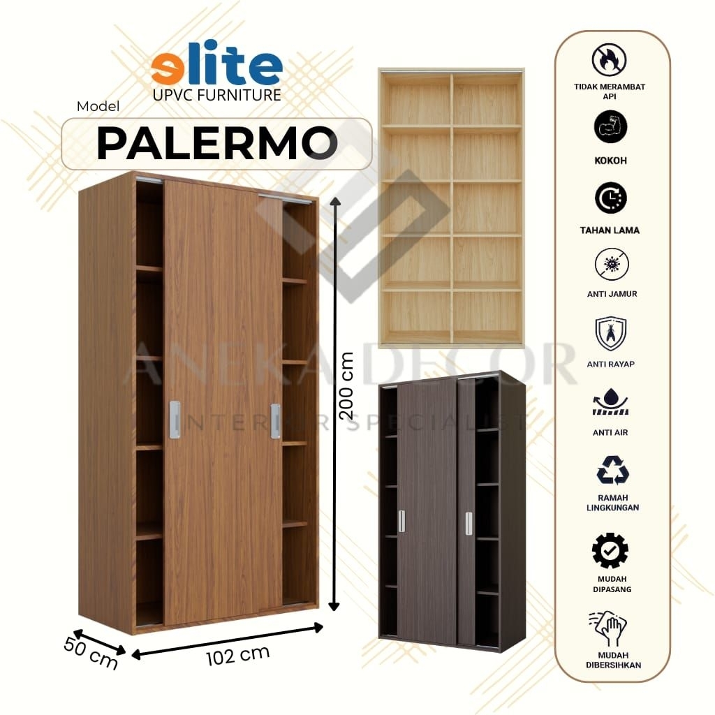 Lemari Pakaian | Lemari 2 Pintu Sliding | Lemari Elite Palermo UPVC | Lemari Pakaian 10 Kompartemen