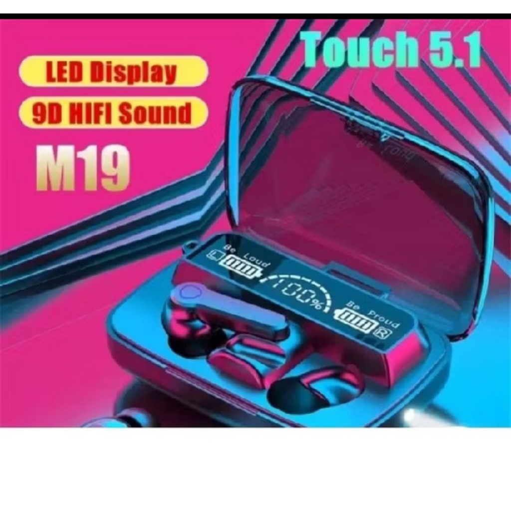 HEADPHONE BLUETOOTH 5.1 EARBUD M19 TWS NIRKABEL LED DIGITAL POWER DISPLAY BASS STEREO