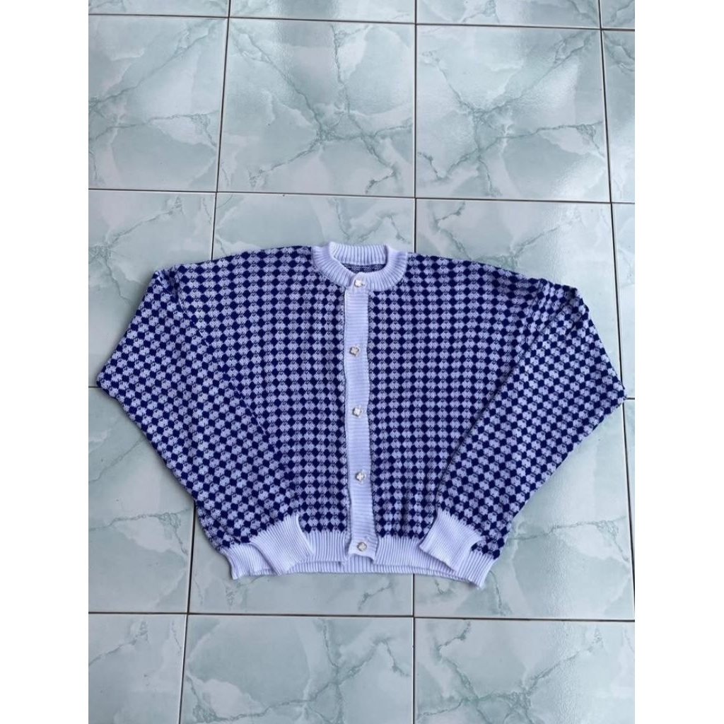 Cardigan Wanita Aesthetic Rajut Motif Kotak Kotak/ Monogram Biru Tua Korean Style Outer Lucu Murah K