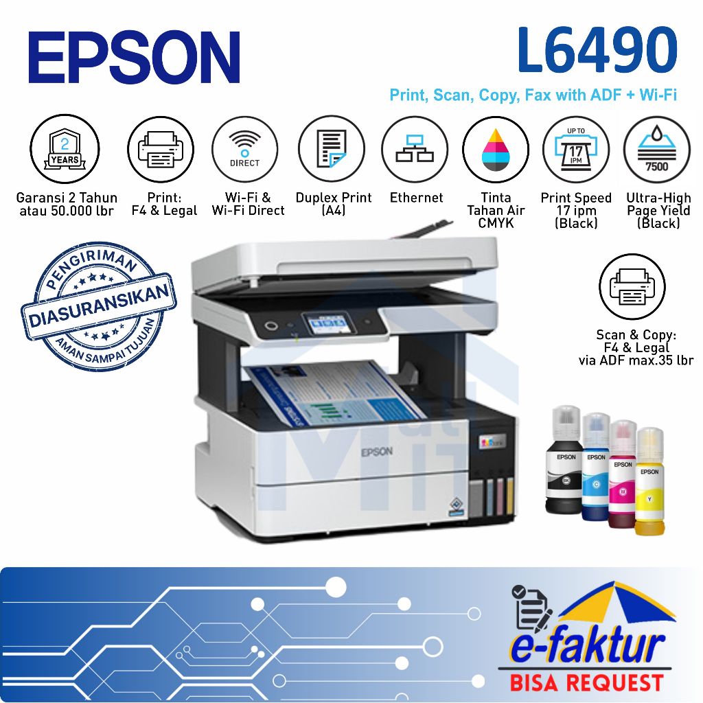 MALLIT EPSON Printer Epson L6490 L 6490 L-6490 Duplex Print Wifi Pigment Garansi Resmi Medan