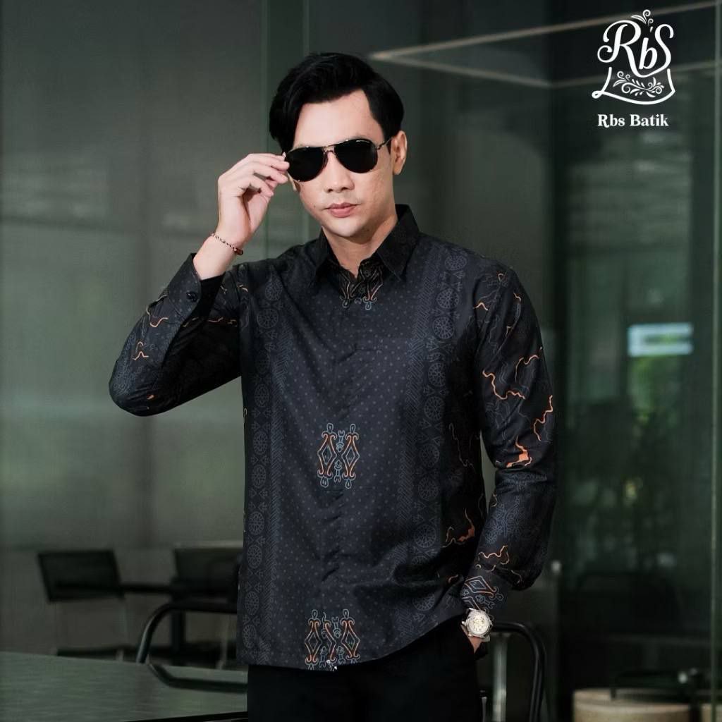 Kemeja Batik Pria Hitam Motif Geometris Modern Batik Lengan Panjang