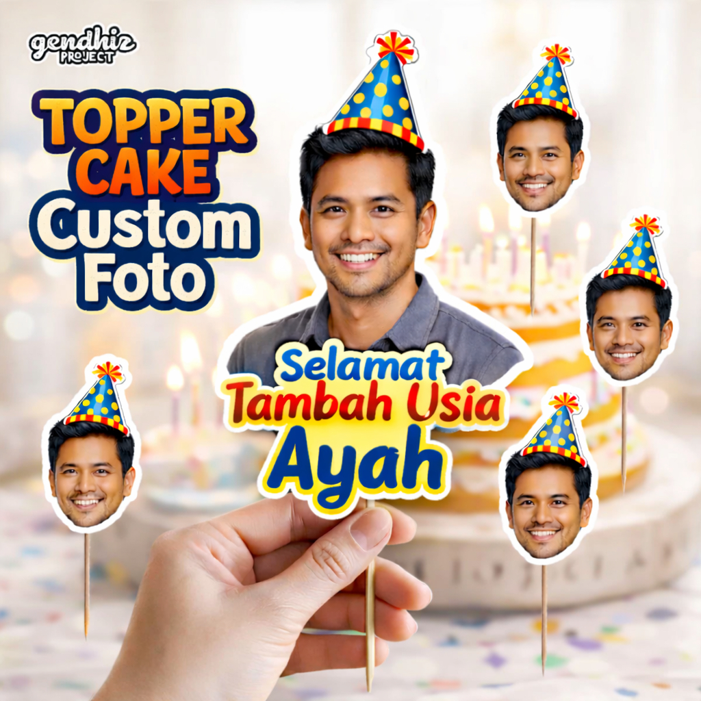 Topper Kue Custom Foto Wajah – Ulang Tahun Ayah | Cake Topper Personal Nama & Foto