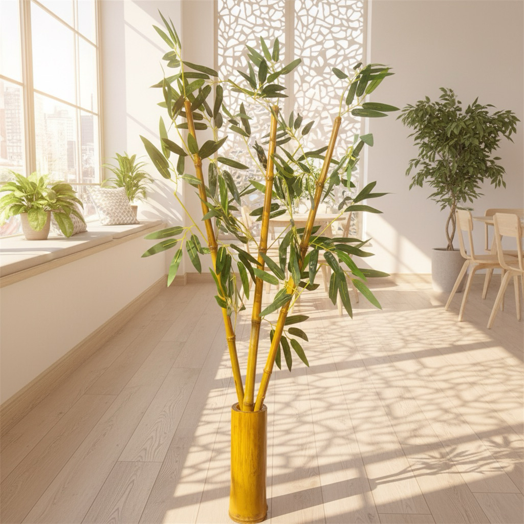 Pohon Bambu Plastik Latex Hijau Kuning | Tanaman Hias Artificial + Pot Dekorasi Rumah