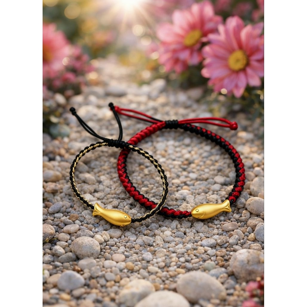 Gelang tali cina krystal EMAS HONGKONG ORIGINAL 24 karat 999 charm ikan koi