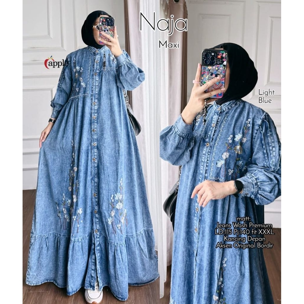 MEM // NAJA MAXI // DRES MAXY GAMIS JEANS TEBAL BORDIR PREMIUM // BY APPLE