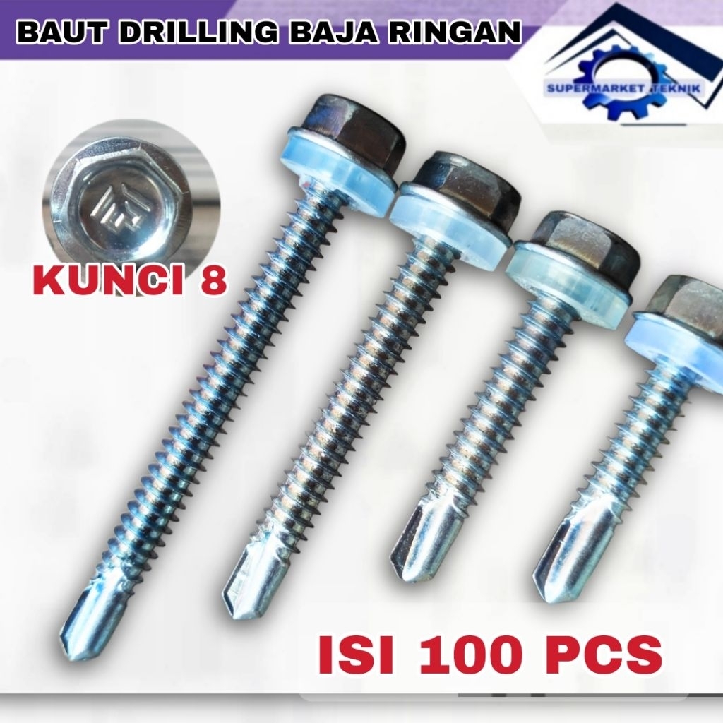 100 Pcs Baut Drilling Galvalum Baja Ringan Ukuran 2cm - 5cm Baut Sekrup Roofing Atap Spandek Kanal