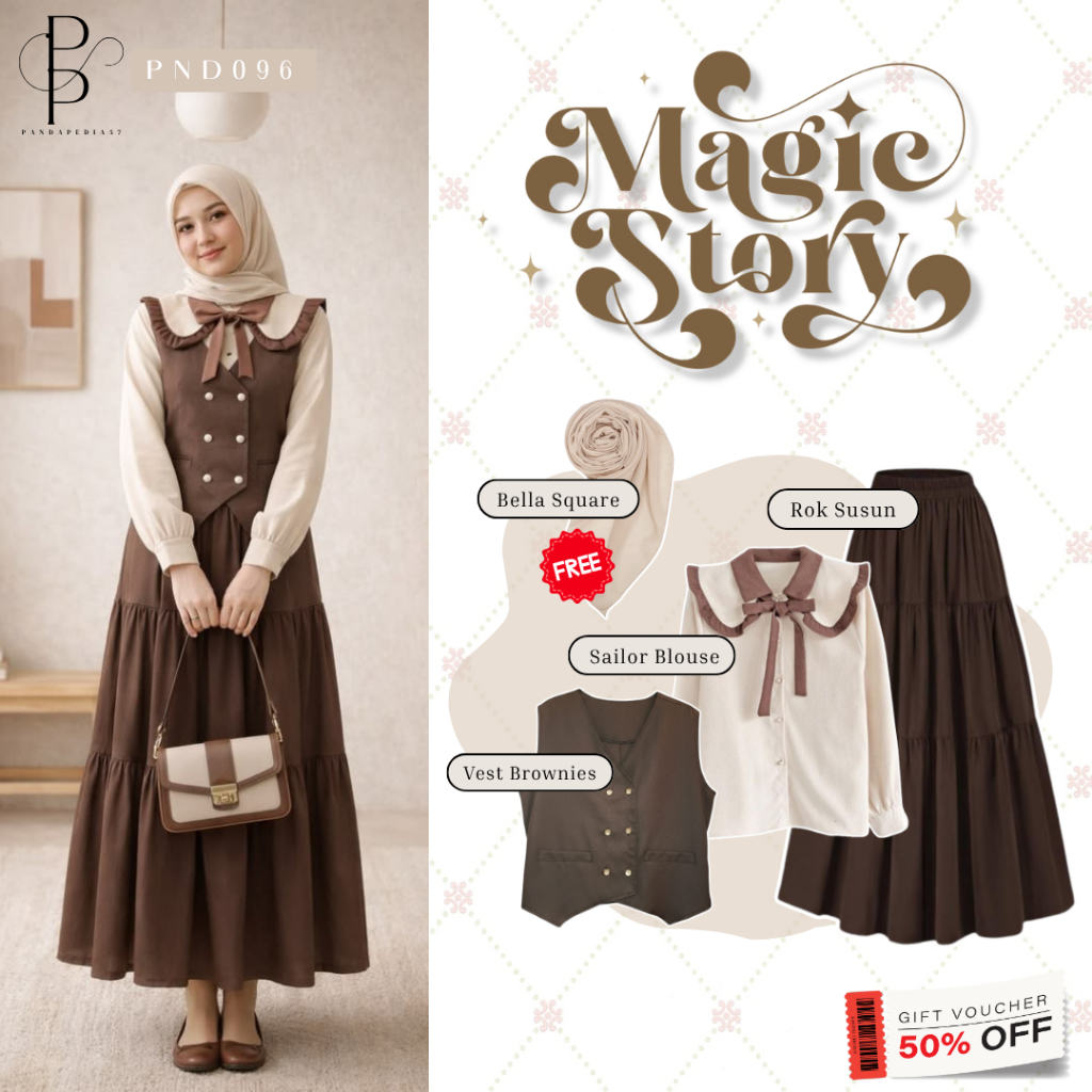 OOTD Enola Holmes Outfit Yearbook Set 3in1 [ Vest + Blouse + Rok Susun + Free Hijab ] - PND096