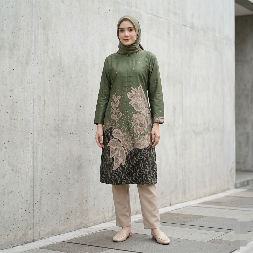 Batik Wanita Tunik Lengan Panjang Resleting Belakang Bahan Katun Signature - Seragam Batik Wanita Pe
