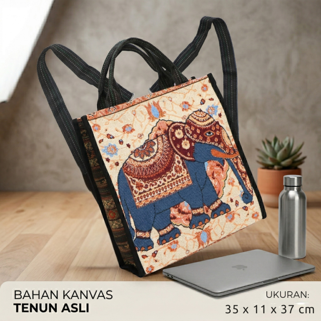 Tas Ransel Kanvas Tenun Etnik Motif Gajah Thailand | Tas Selempang 2in1 | Tas Wanita Vintage Boho