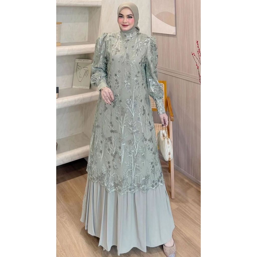 Laura Gamis Brokat Premium Wanita Bordir Full Elegan Dress Muslimah Panjang Gamis Pesta Brokat Mewah