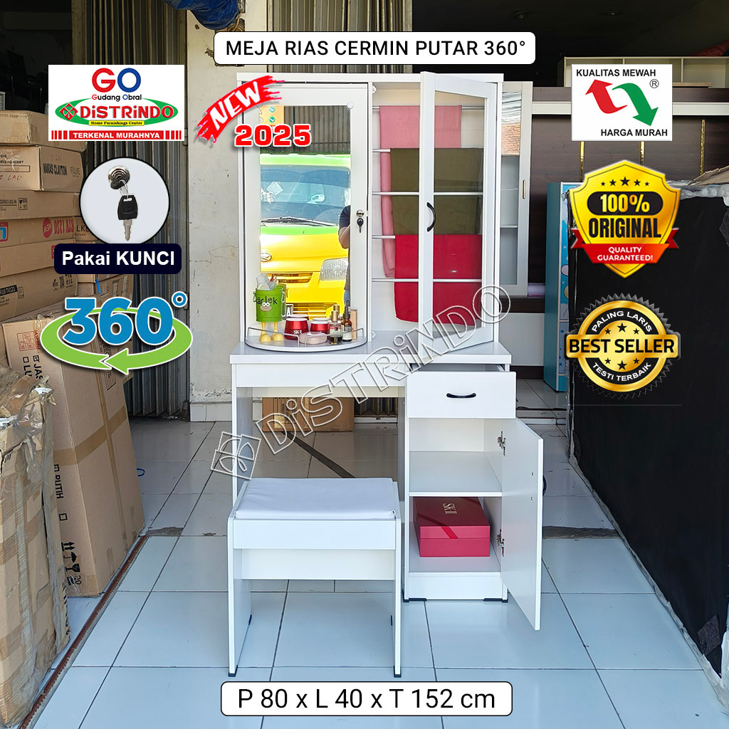 Distrindo - Meja Rias Minimalis Cermin Putar + Rak Hijab Pintu Kaca + Bangku ada Laci & Lemari