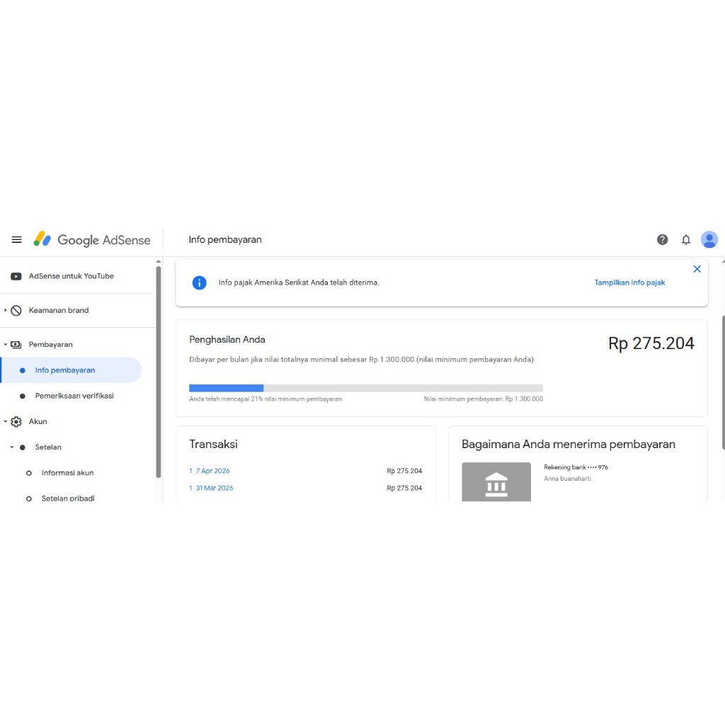 Akun Google Adsense untuk youtube sudah pin pajak 10%