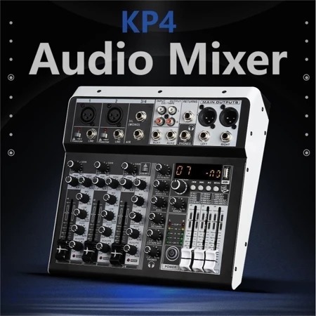 Fleco Mixer KP4 Audio Mixer Profesional 4 Channel Dengan Bluetooth USB MP3 99-Bit DSP Effect Amplifi