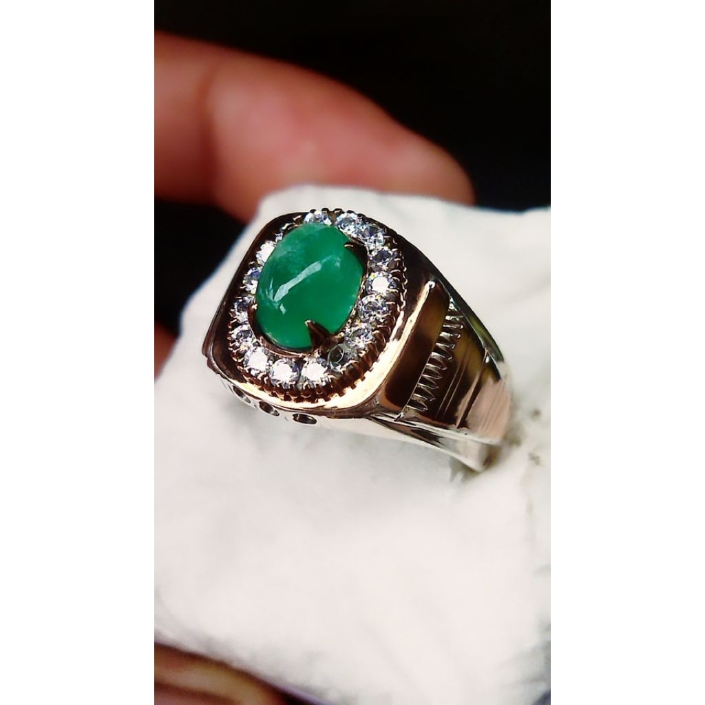 natural emerald(beryl)+natural berlian/diamond,ring perak mas suasa original 100%,batu permata asli 