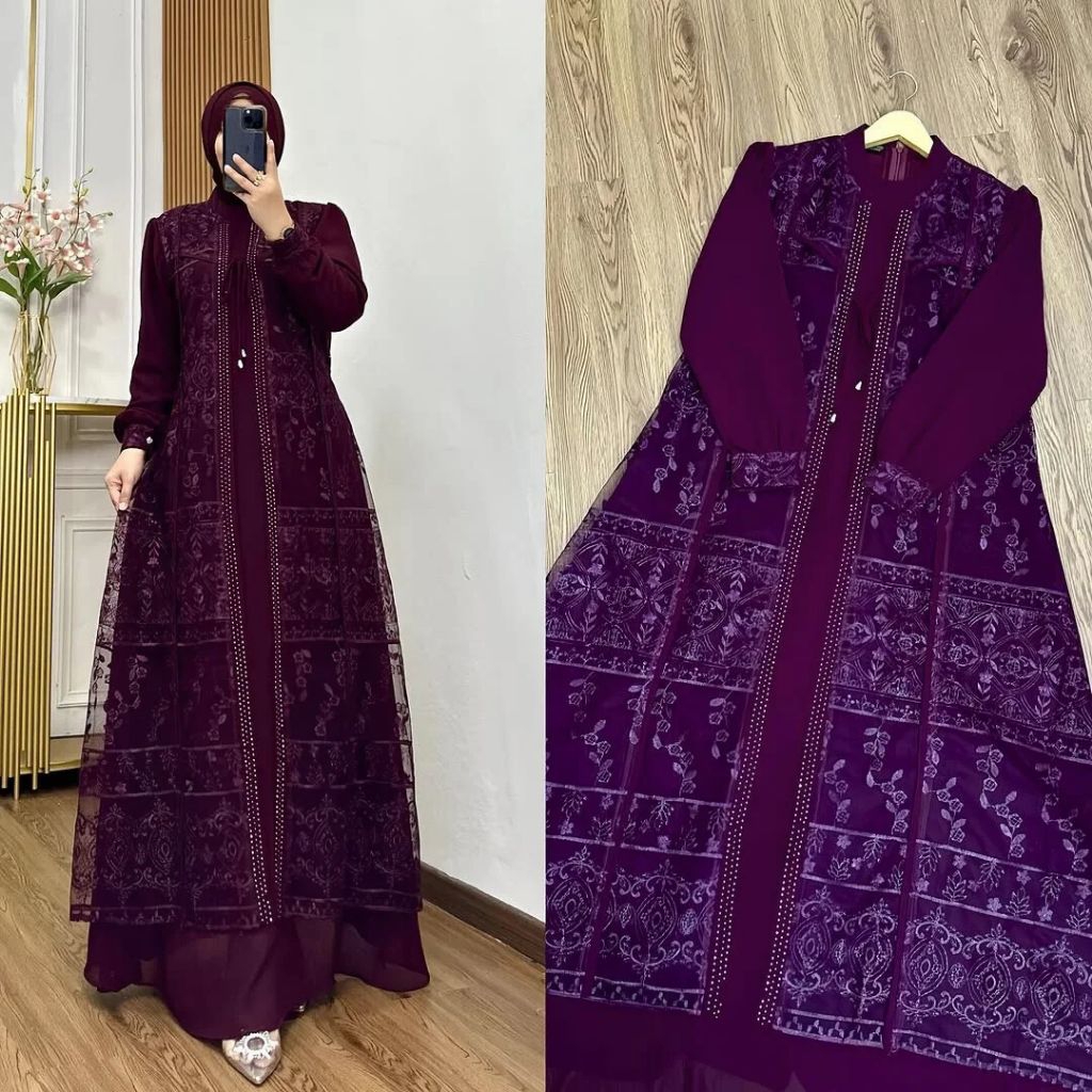 Gamis Kondangan Brukat Simple Elegan Naura Dress Ceruty Armaini Full Puring Mix Payet Swarovski
