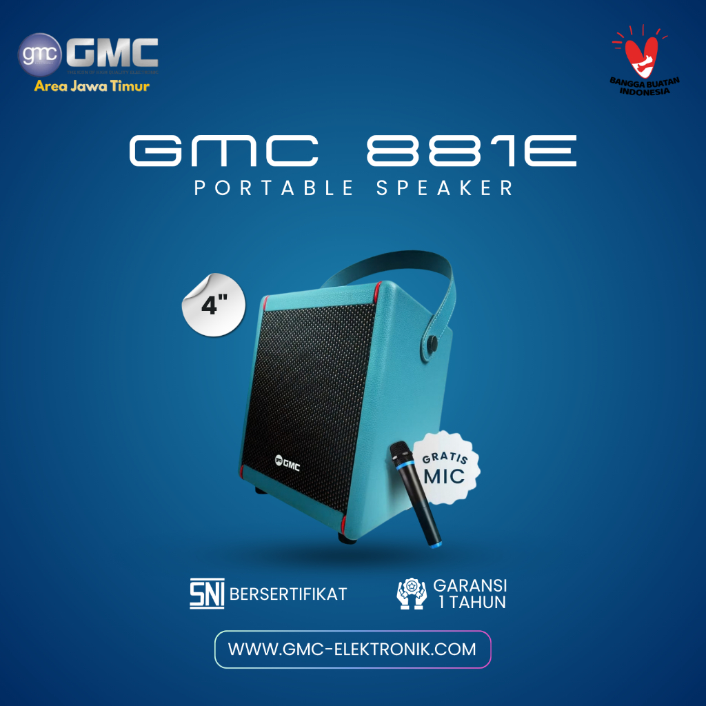 GMC Speaker 881E – Bluetooth Karaoke Speaker 4" – 125W, Gratis 1 Wireless Mic, Karaoke Jack