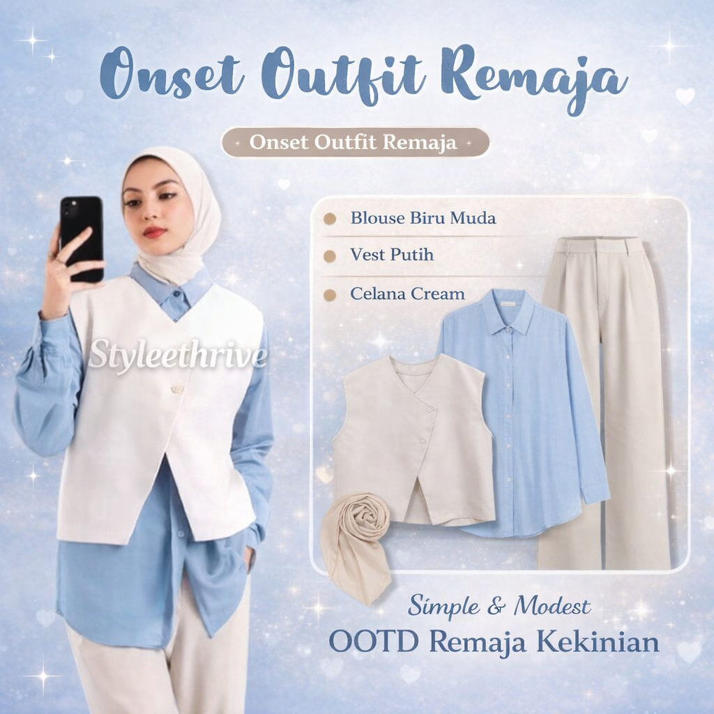 Outfit Hangout Outfit Wanita Remaja (Hijab+Vest+Kemeja+Celana)
