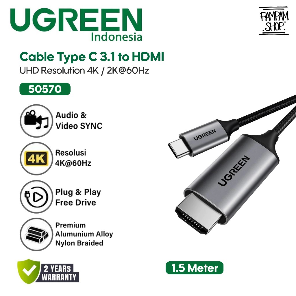 UGREEN 50570 Kabel Converter Type C Male to HDMI Male 1.5M 1.5 Meter 4K 60Hz Cable Tipe C Adaptor Ad