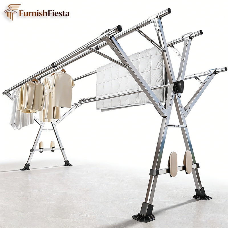 Jemuran Baju Lipat Stainless Steel 5 Tiang Jemuran Baju Portable Jumbo Dengan Roda