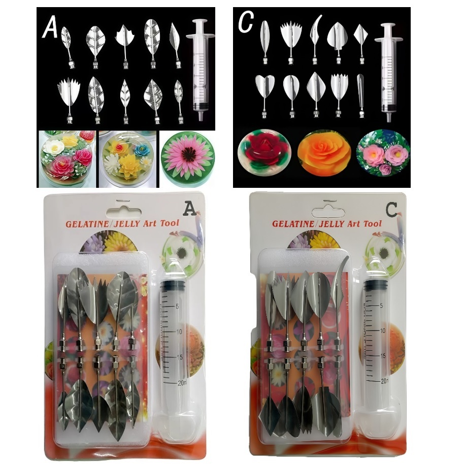 Jelly Art Tool Set Jello Gelatin Suntik Hias Kue Stainless Steel Puding Noozzle 3 D Bunga