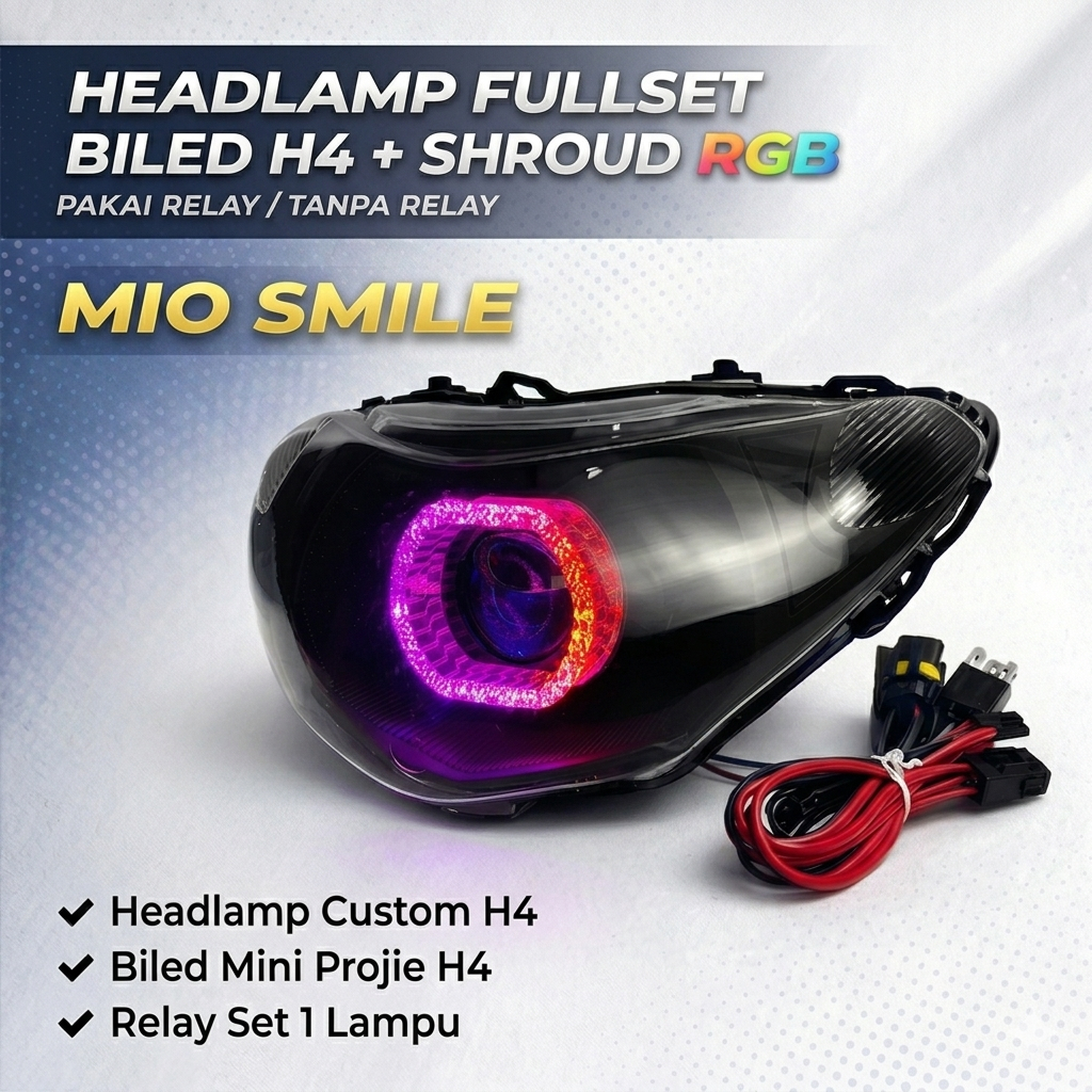 Headlamp Biled H4 Fullset Shroud RGB Mio Smile Lampu LED Depan Motor Plug & Play Relay Set Tinggal P
