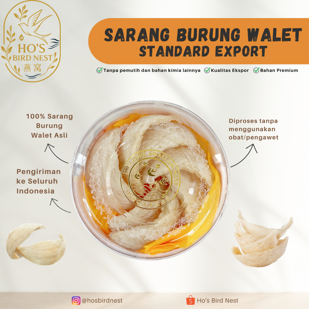 Sarang Burung Walet Kering Mentah Standard Export Premium 50 100 250 Gram 100% Asli by Ho's Bird Nes