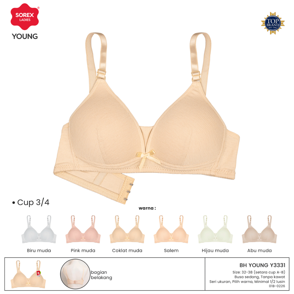2 BRA REMAJA SOREX Y3331 0C - Tanpa Kawat - Busa Sedang - BRA Cup A-B - 32~38 - 3 Kait