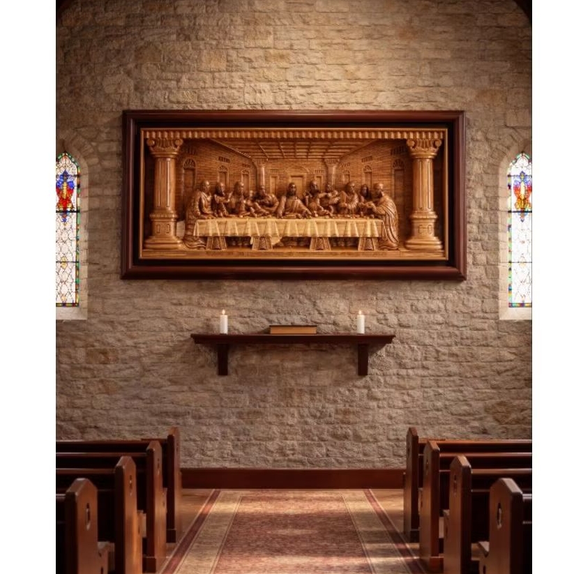 Relief perjamuan kudus kayu jati ukuran 150x80cm .